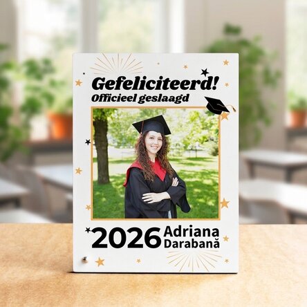 Gepersonaliseerde fotolijst voor op het bureau met foto en tekst - Officieel afgestudeerd