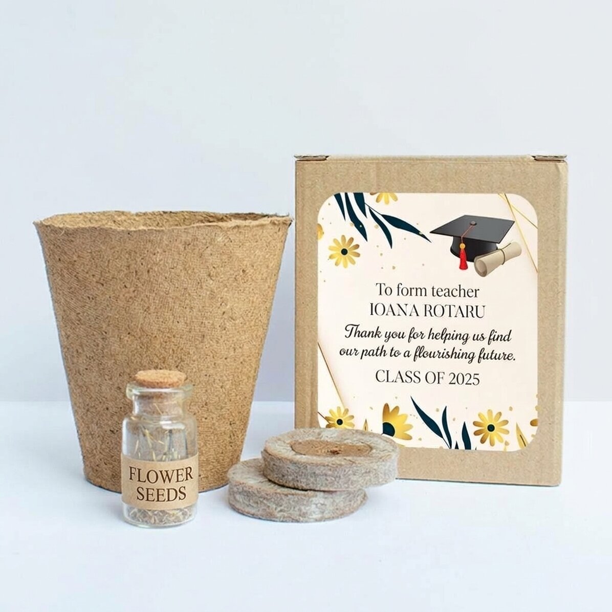 Kit de plantation de fleurs dans une petite boîte personnalisée avec un message pour les professeurs