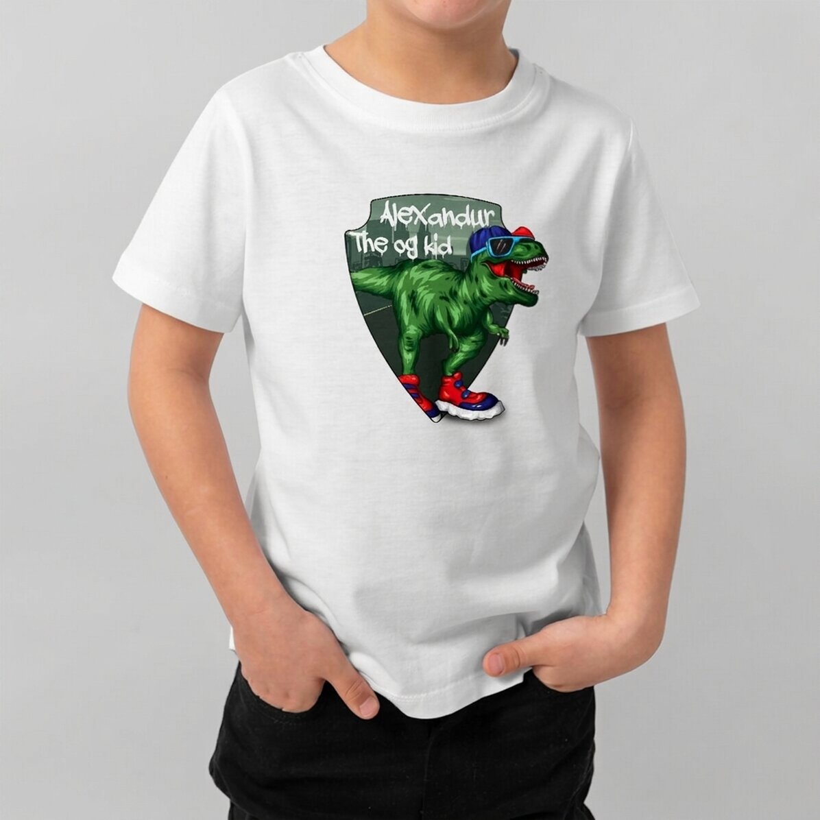 Katoenen T-shirt voor kinderen, gepersonaliseerd met tekst - Coole dinosaurus