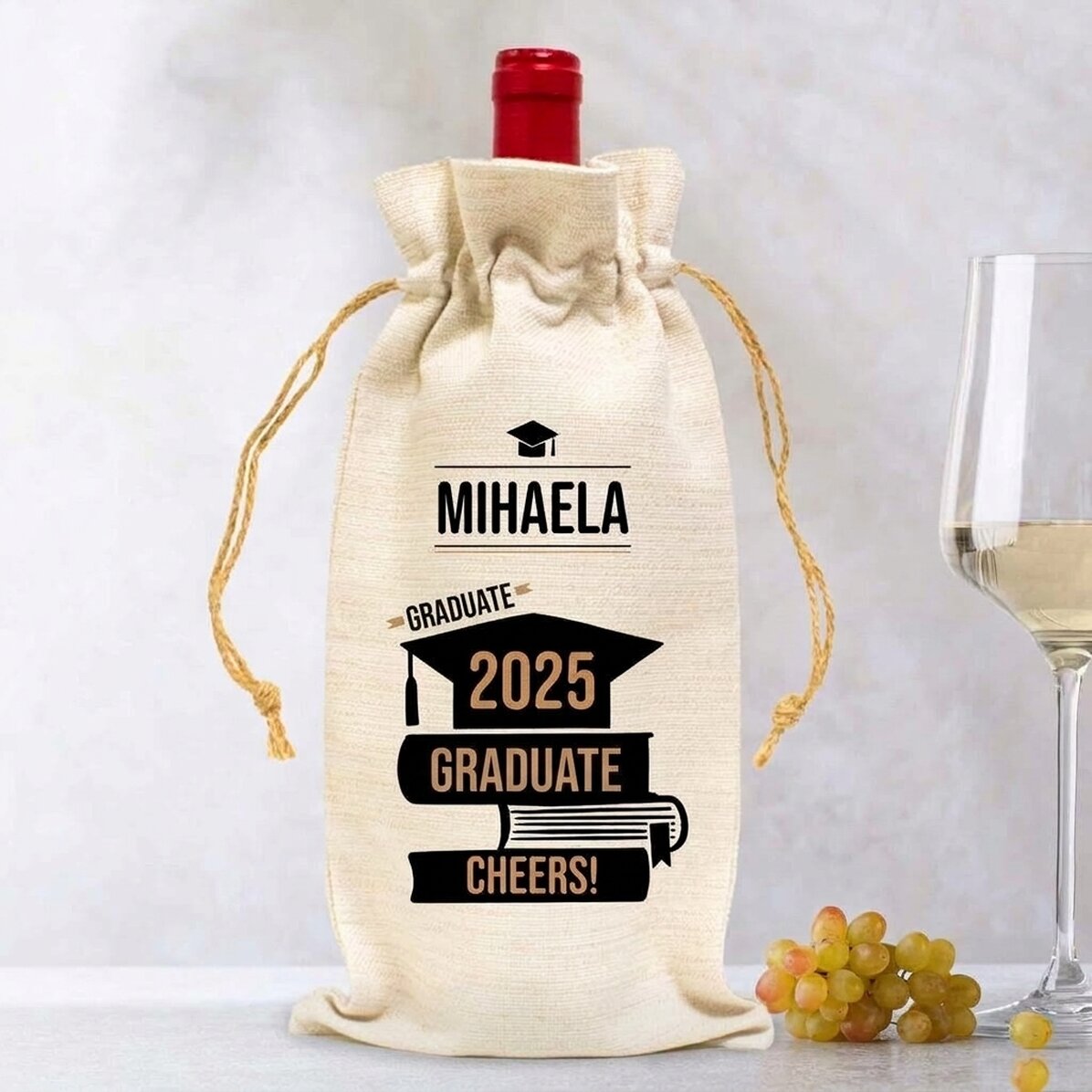 Wijnfleszakje, gepersonaliseerd met een boodschap voor afgestudeerden