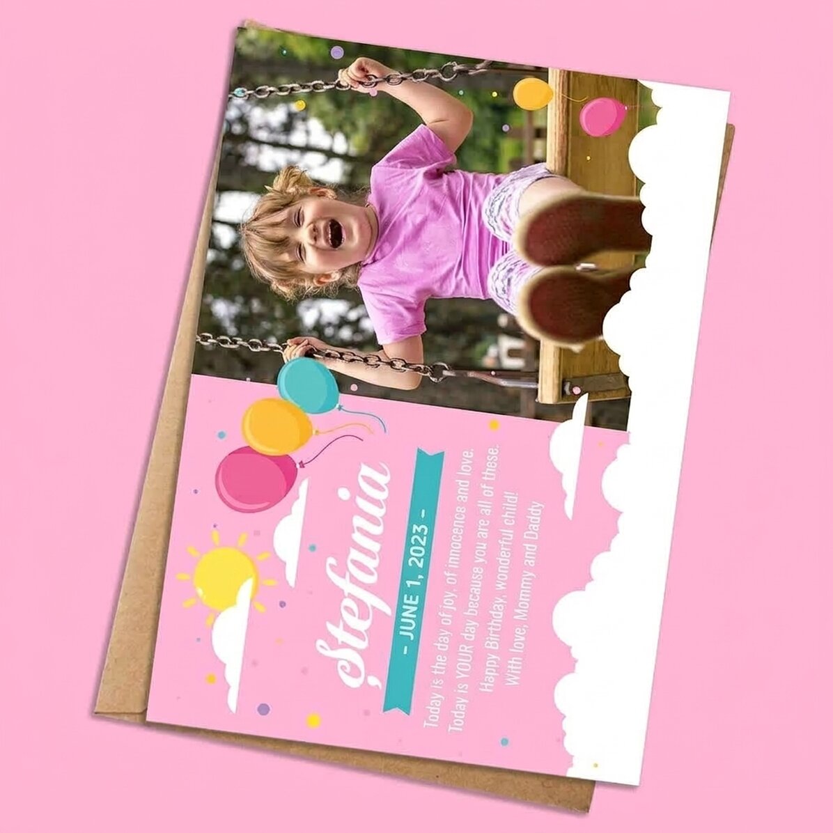 Gepersonaliseerde kaart met boodschap en foto voor Kinderdag