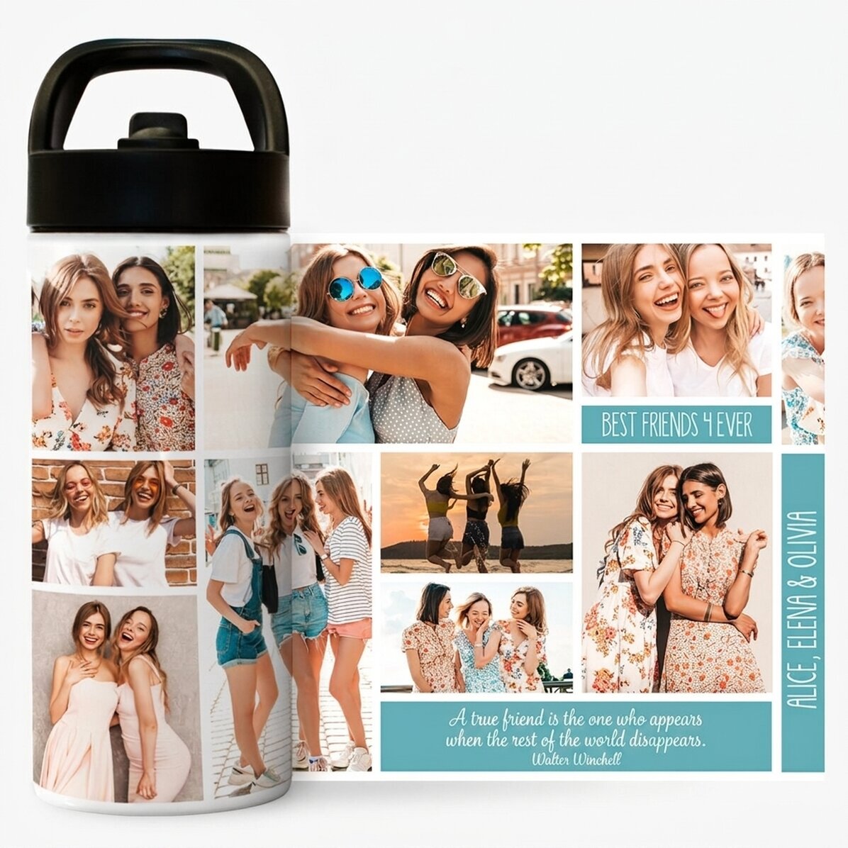 Thermos avec poignée et paille, personnalisé avec un collage de photos et un texte