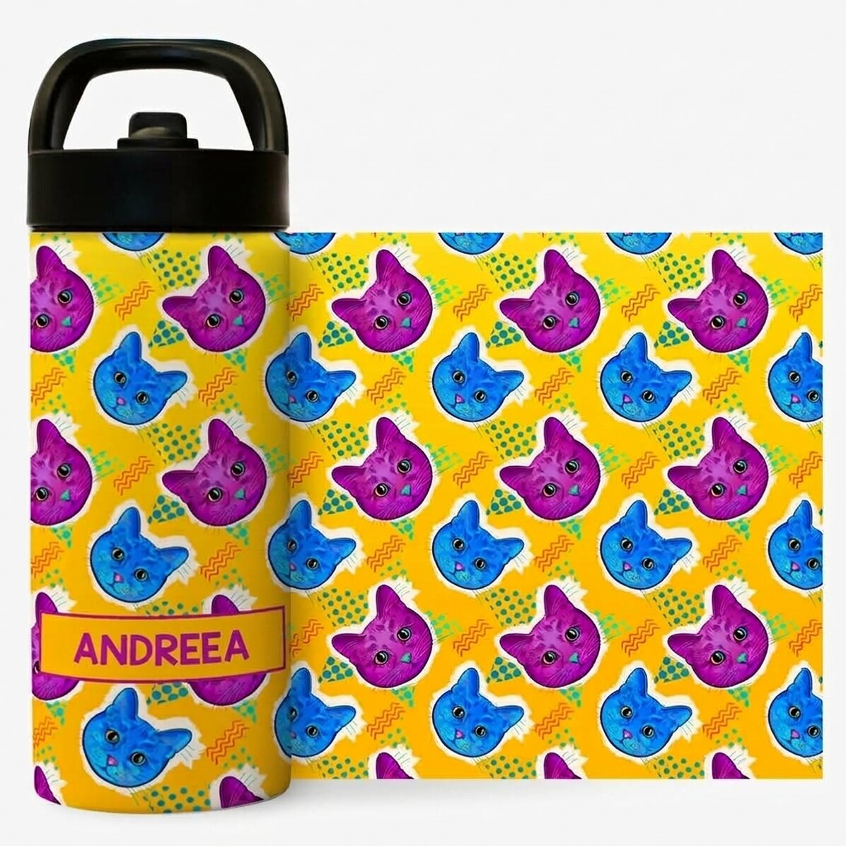 Thermosfles met handvat en rietje, gepersonaliseerd met naam - Kleurrijke katjes