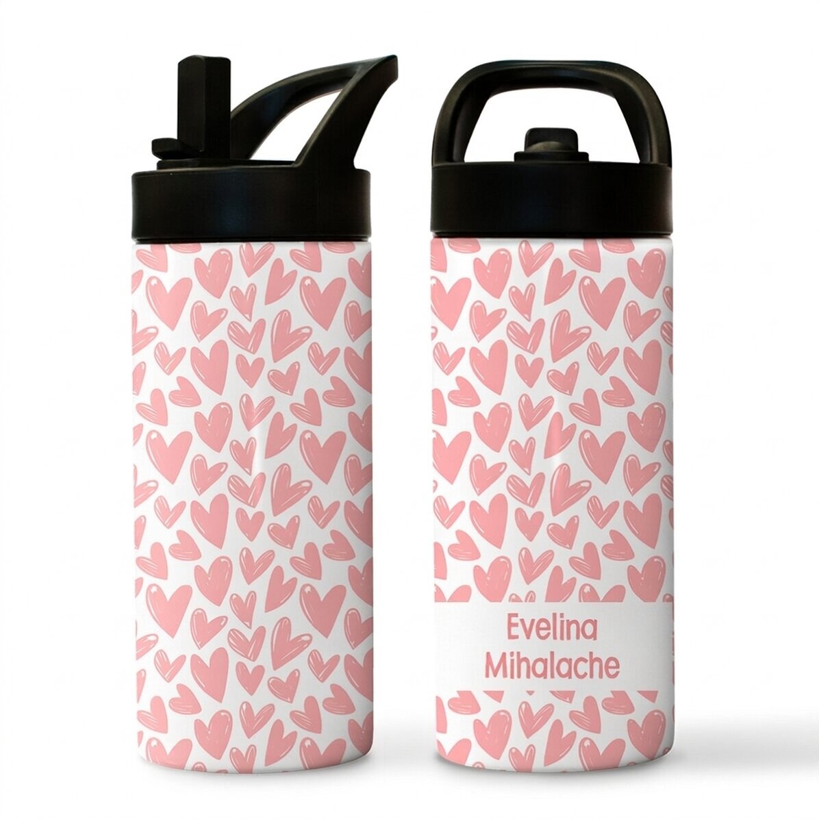 Thermos avec poignée et paille, personnalisé avec un prénom - Cœurs
