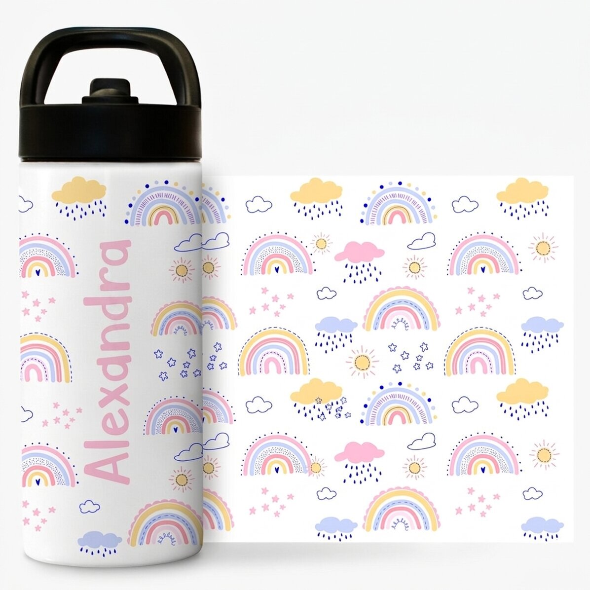 Thermosfles met handvat en rietje, gepersonaliseerd met naam - Regenboog