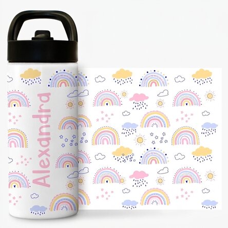 Thermosfles met handvat en rietje, gepersonaliseerd met naam - Regenboog