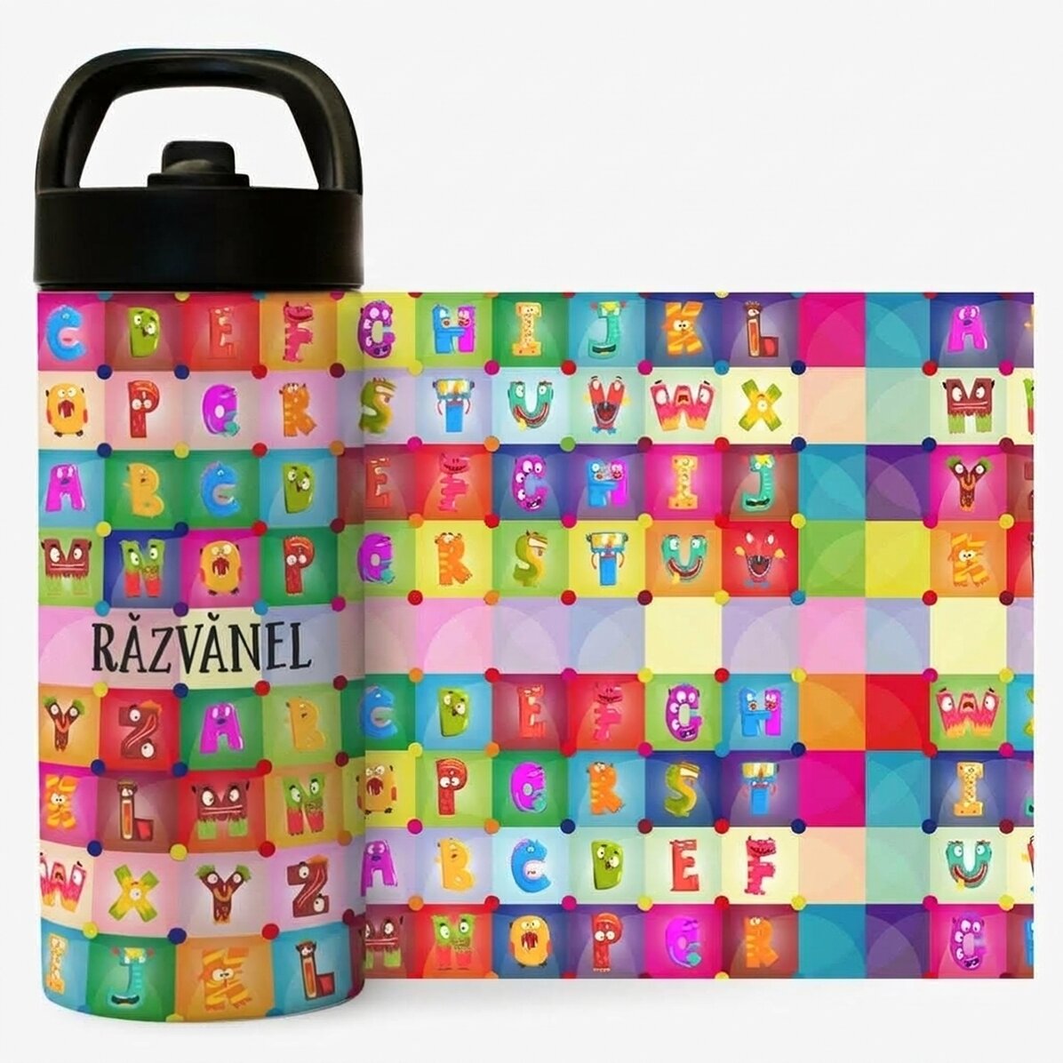 Thermos avec poignée et paille, personnalisé avec un prénom - Alphabet