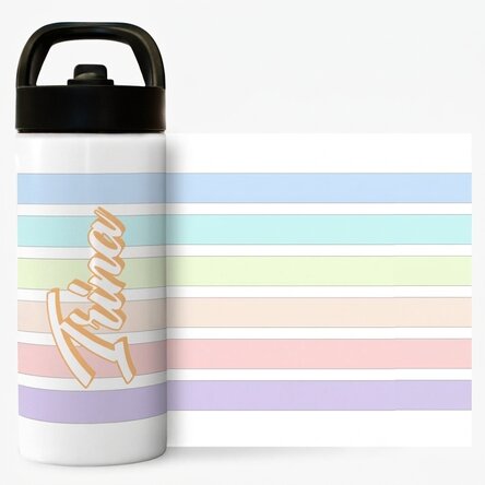 Thermos avec poignée et paille, personnalisé avec un prénom - Rayures colorées