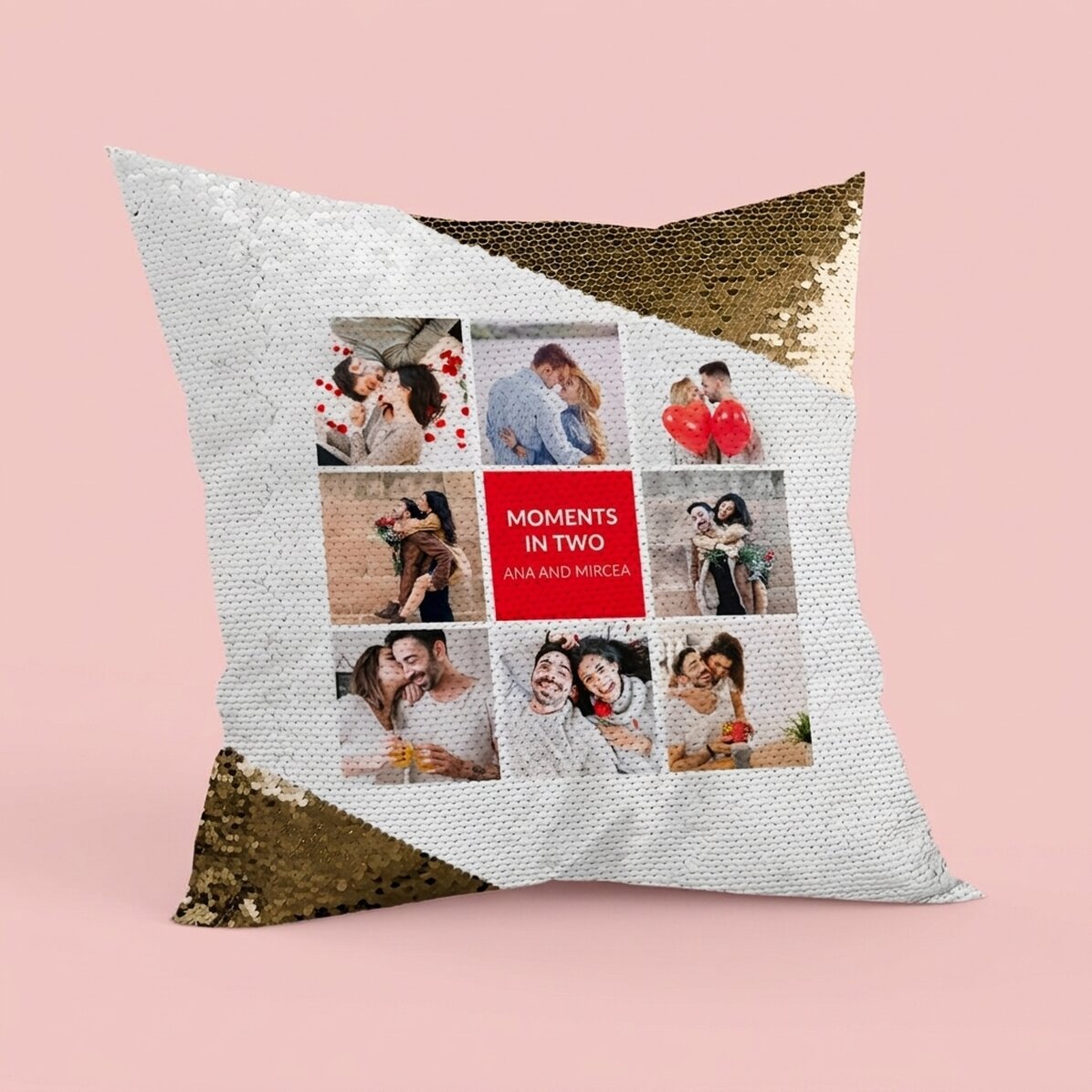 Gepersonaliseerd kussen met 8 foto’s en tekst - Gouden pailletten