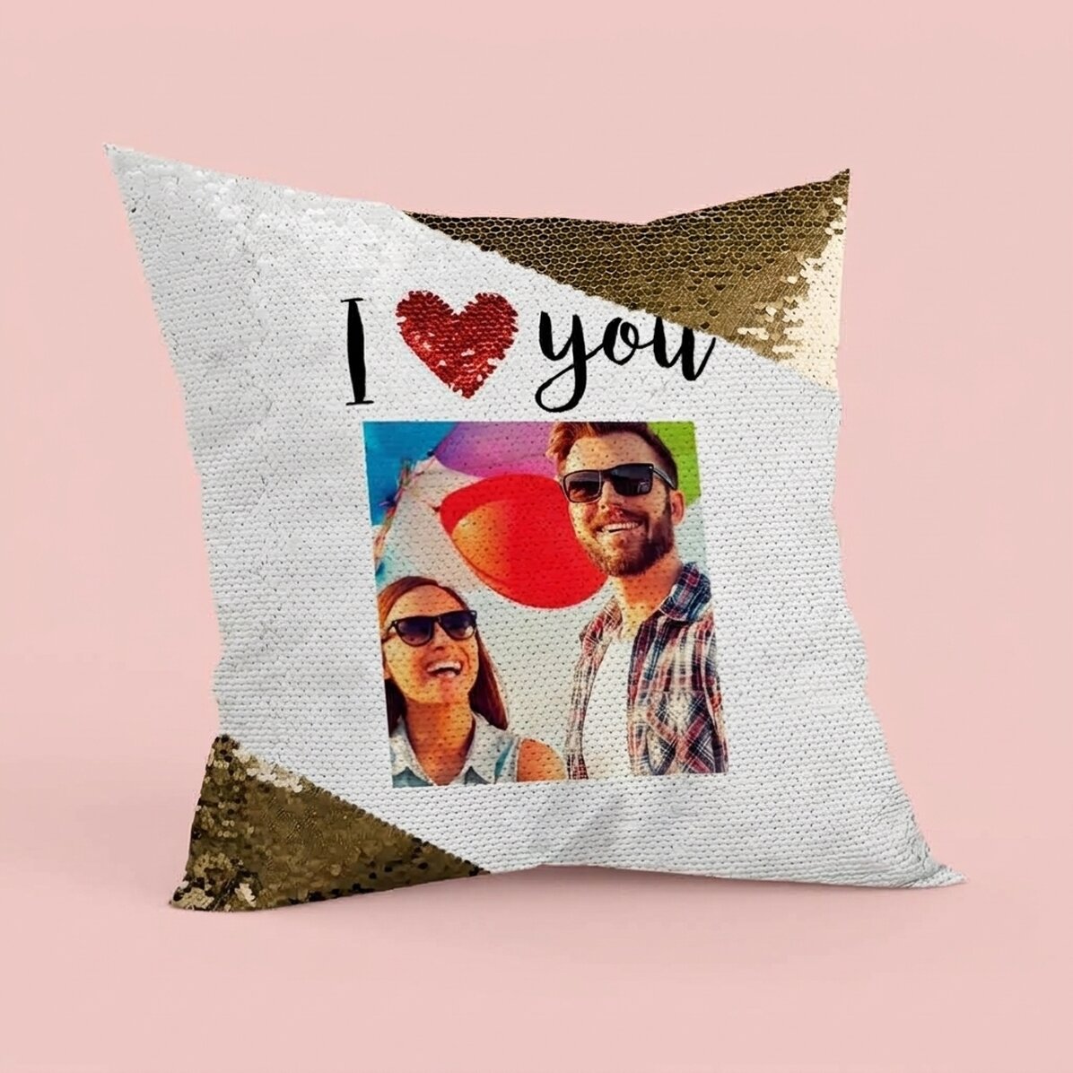 Gepersonaliseerd kussen met een foto - I love you - Gouden pailletten