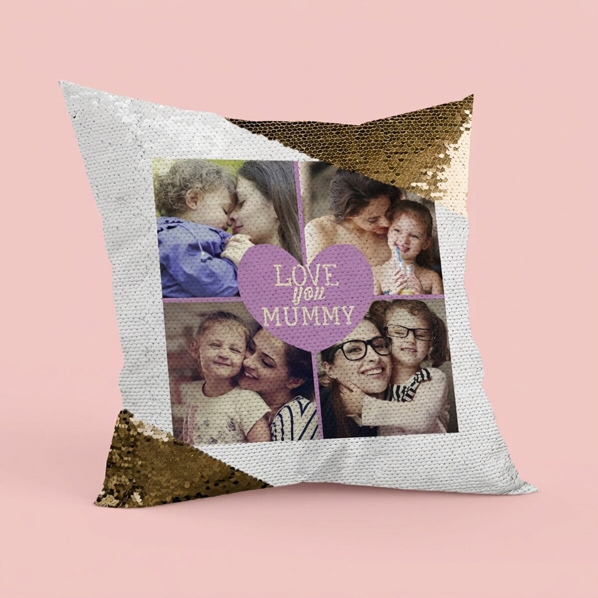 Gepersonaliseerd kussen met 4 foto’s en tekst – Gouden pailletten