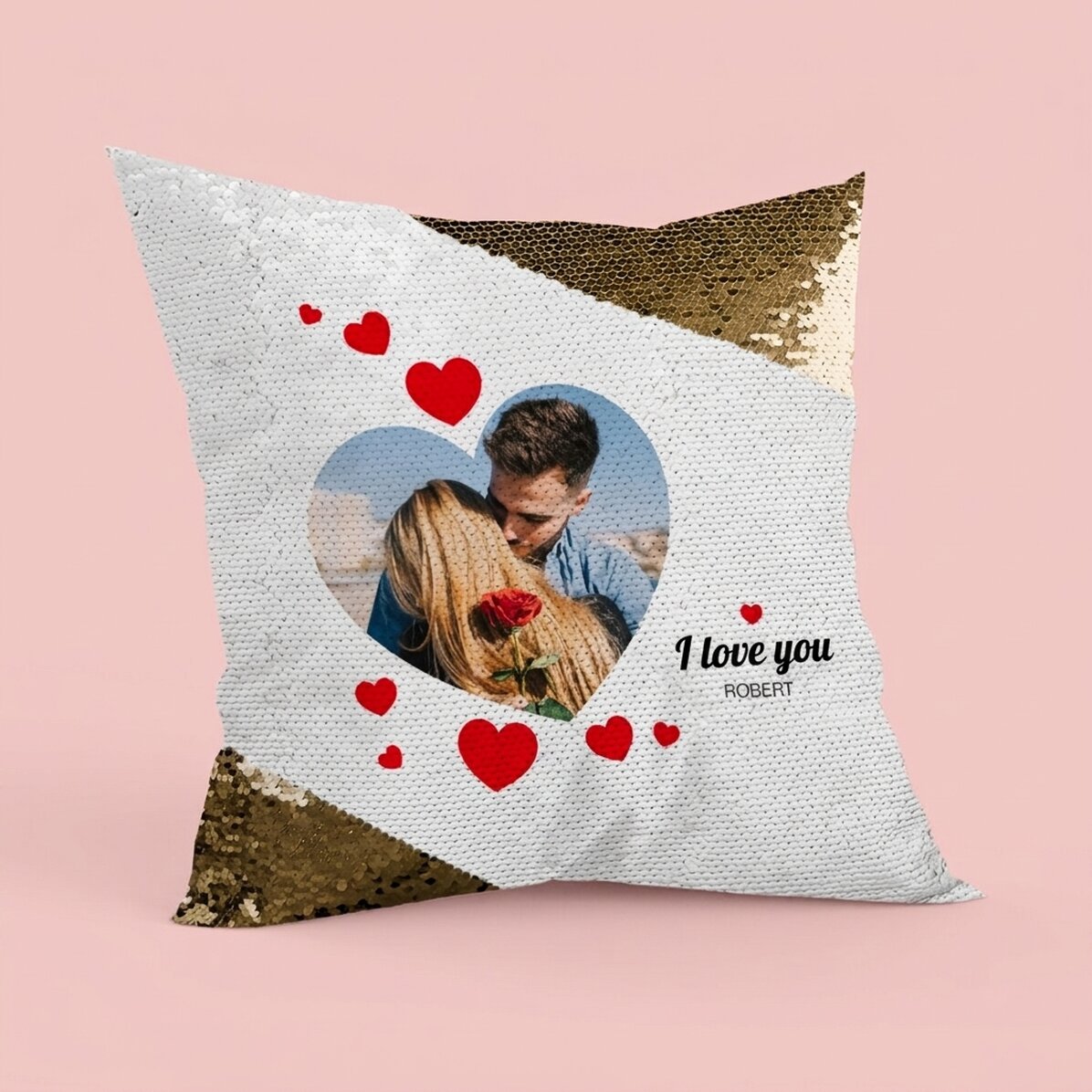 Gepersonaliseerd kussen met een foto - P.S. I love you - Gouden pailletten
