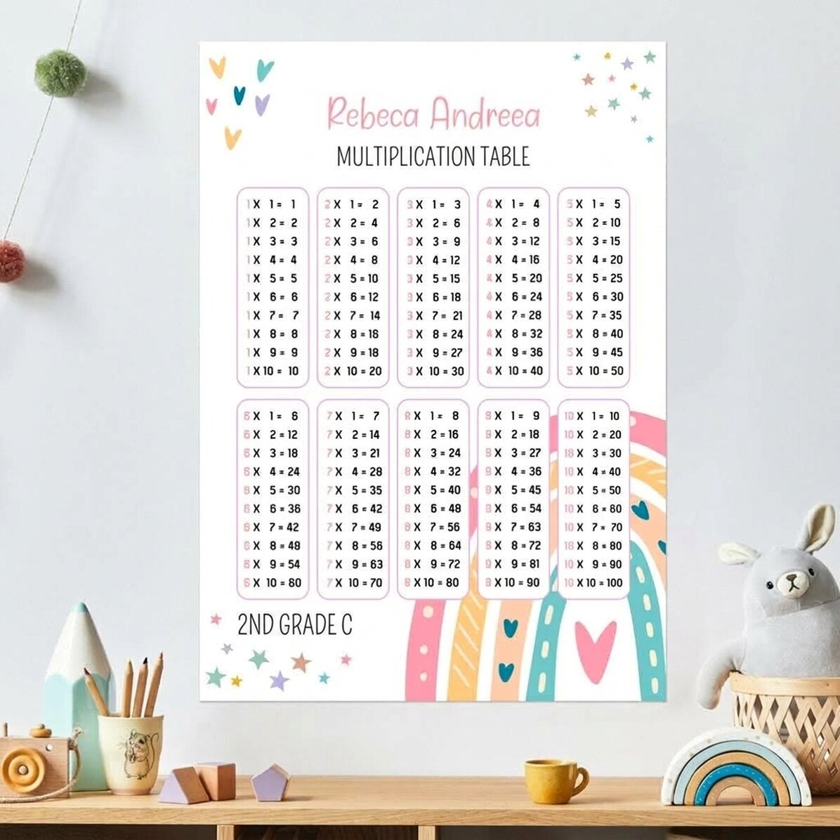Gepersonaliseerde poster met naam en de tafel van vermenigvuldiging - Regenboog