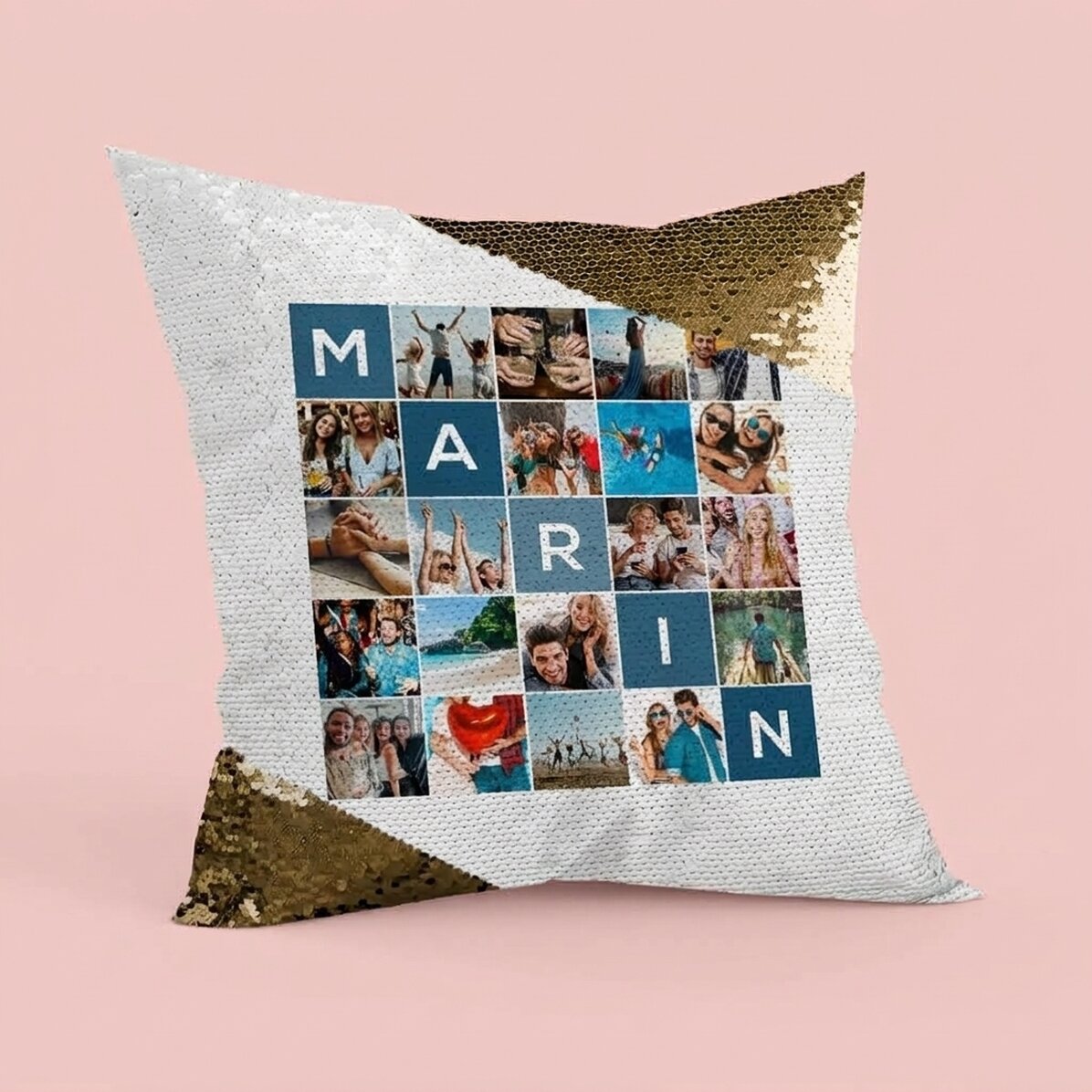 Gepersonaliseerd kussen met 20 foto’s en een naam van 5 letters – Gouden pailletten