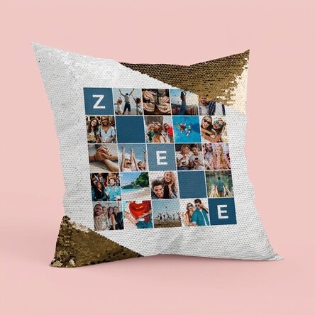 Gepersonaliseerd kussen met 20 foto’s en een naam van 5 letters – Gouden pailletten
