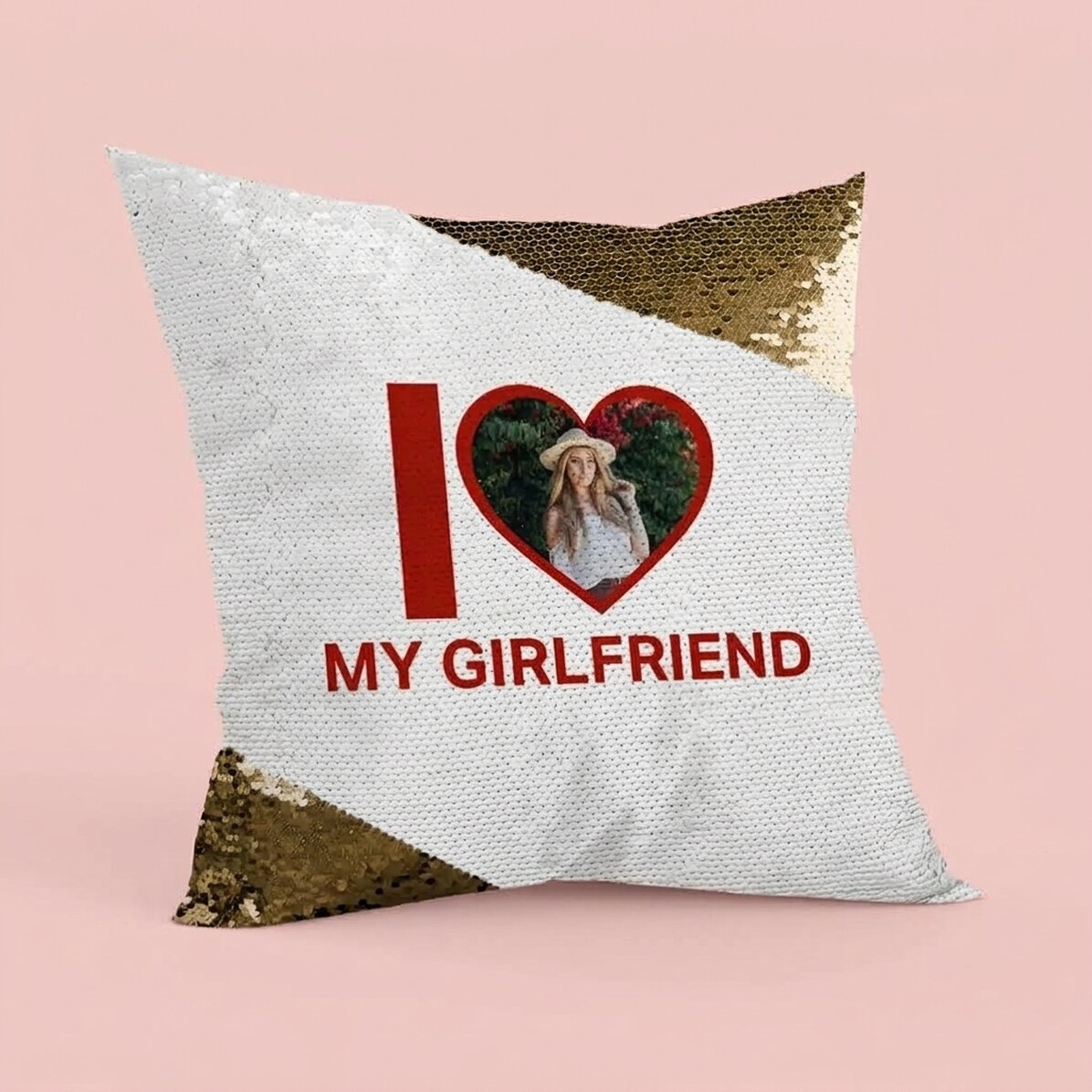 Gepersonaliseerd kussen met foto en tekst - I love my girlfriend - Gouden pailletten