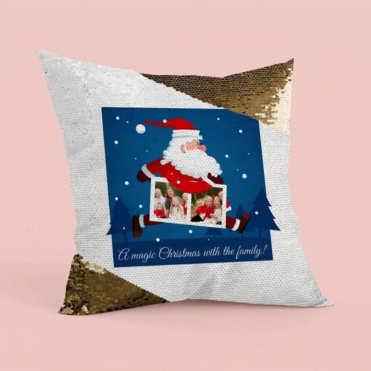 Gepersonaliseerd kussen met twee foto’s en tekst – Kerstman – Gouden pailletten