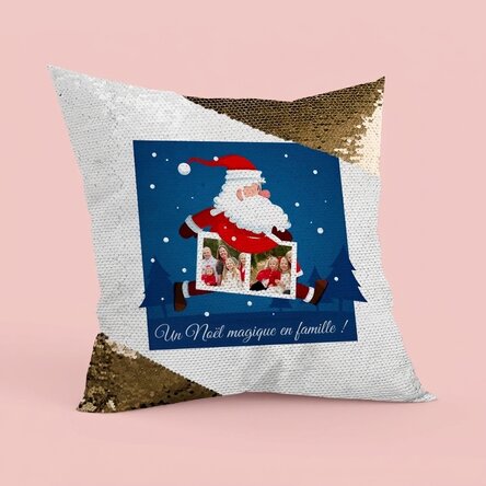 Coussin personnalisé avec deux photos et un texte - Père Noël - Paillettes dorées