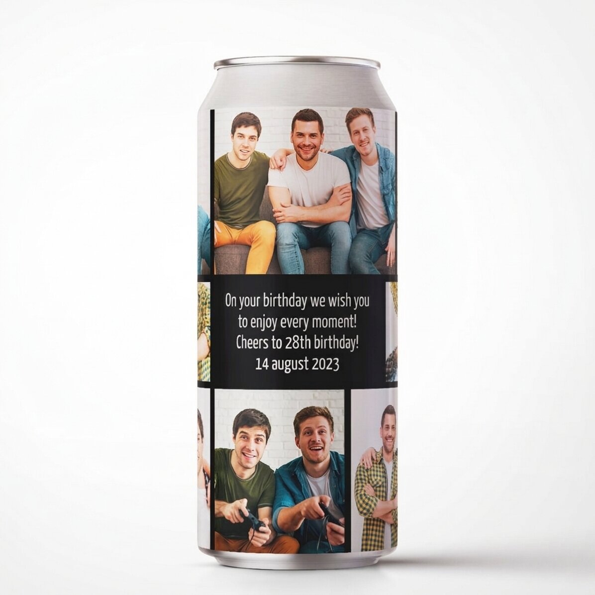 Bière en canette personnalisée avec un message et un collage de photos