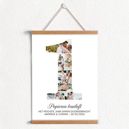 Gepersonaliseerde poster met het cijfer 1, foto’s en een boodschap – Relatiejubileum