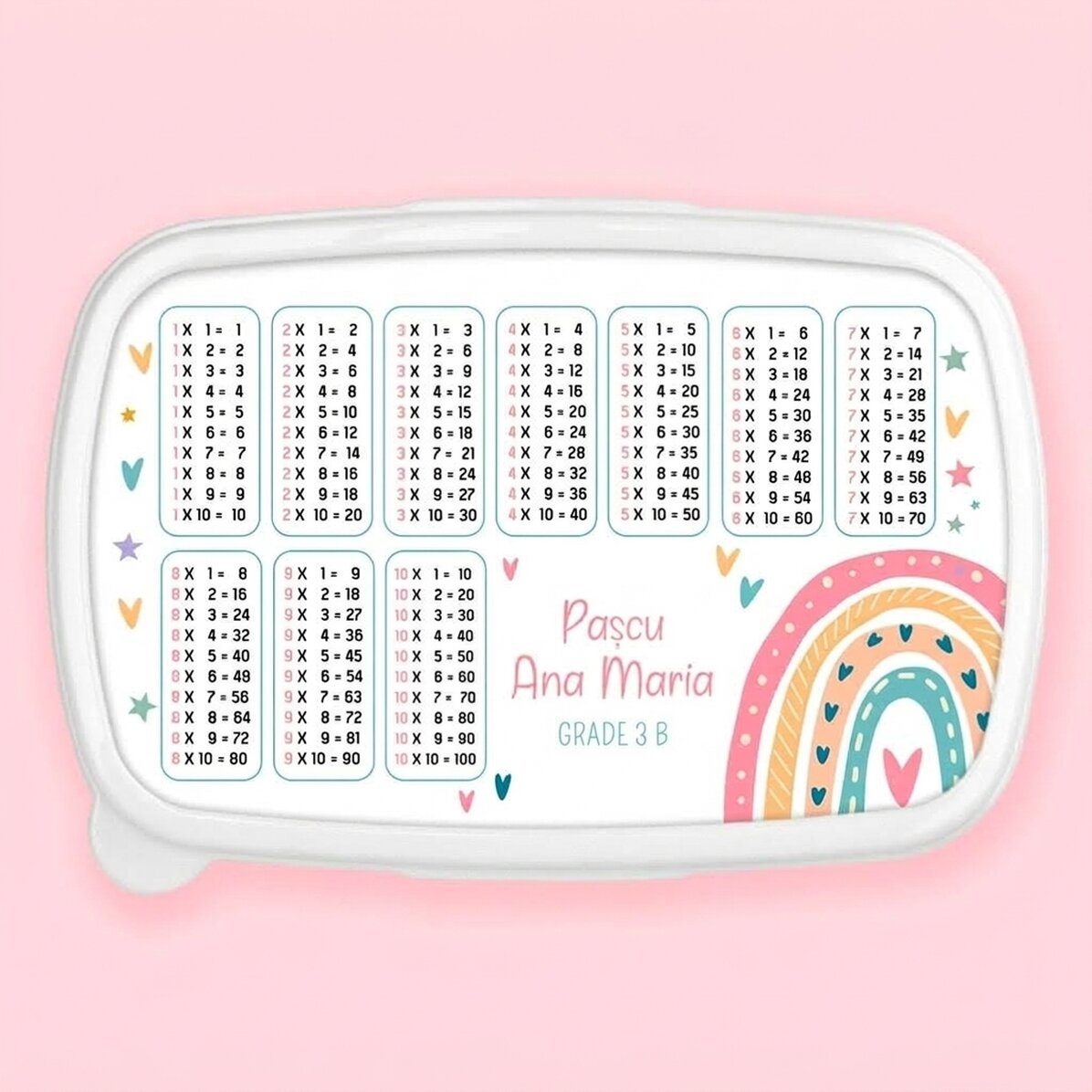 Boîte à repas, plat à four personnalisé avec prénom et table de multiplication - Arc-en-ciel