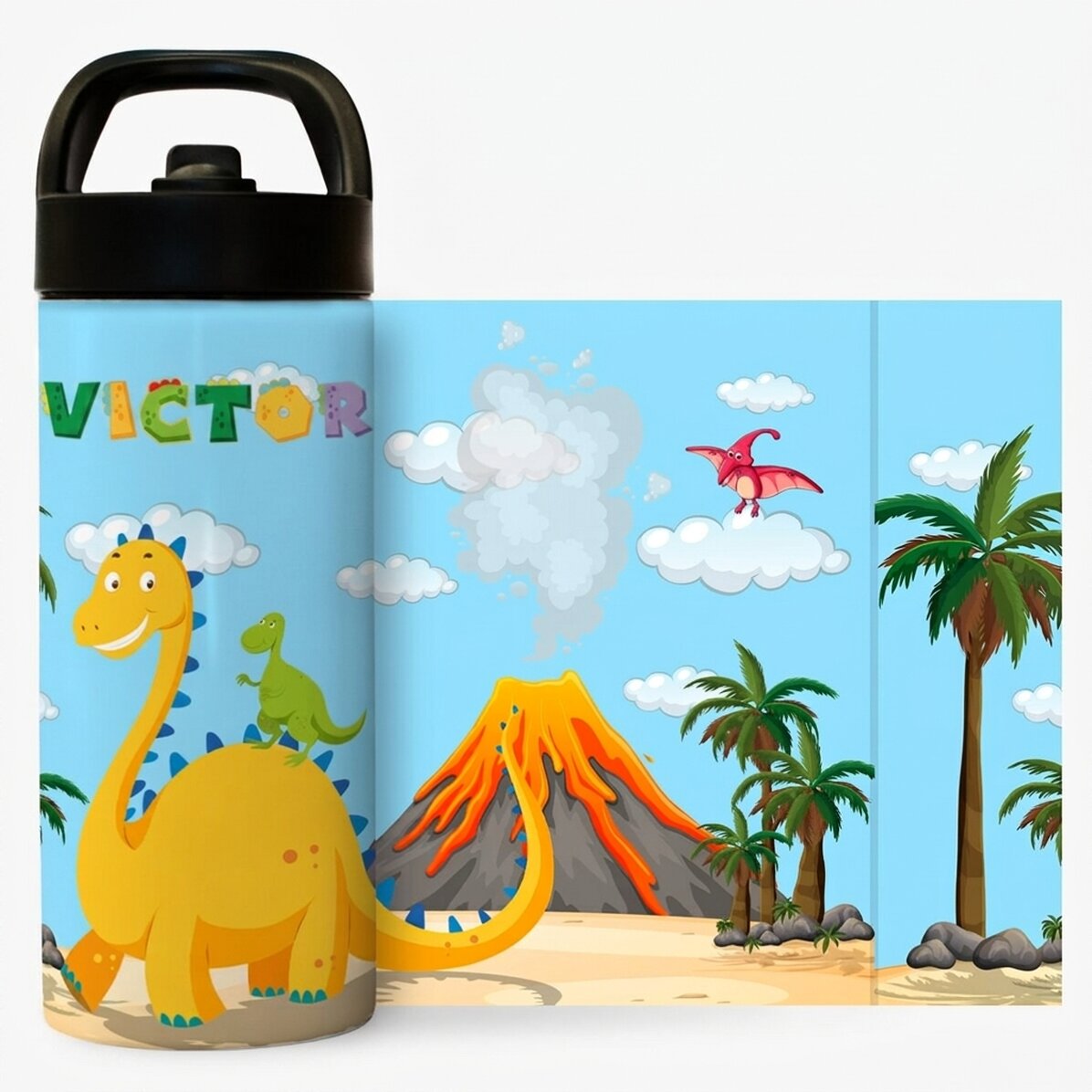 Thermosfles met handvat en rietje, gepersonaliseerd met naam voor kinderen - Dino