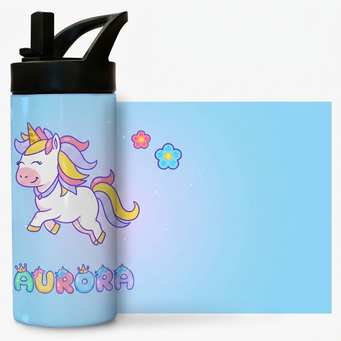 Thermos avec poignée et paille, personnalisé avec un prénom - Licorne