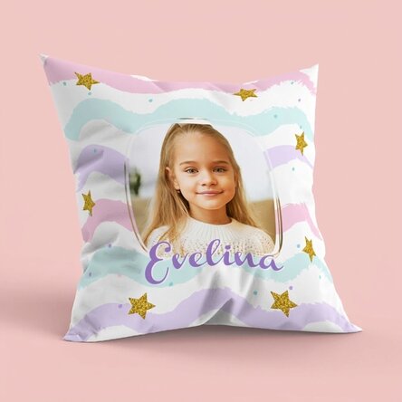 Coussin personnalisé avec prénom et photo, grand format - Arc-en-ciel