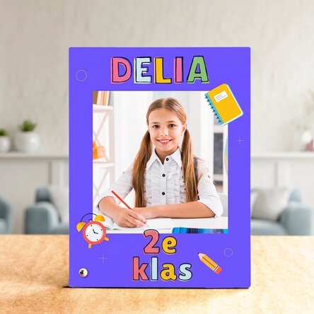 Gepersonaliseerde fotolijst voor op het bureau met een foto en tekst - De eerste schooldag