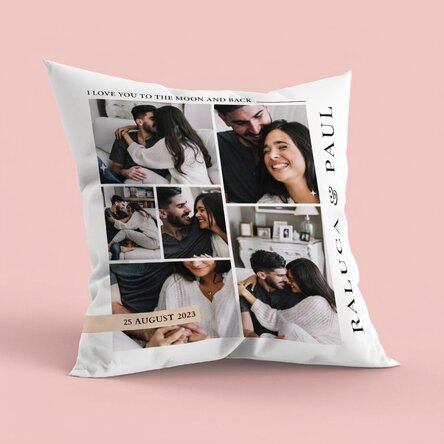 Gepersonaliseerd kussen met 6 foto’s en een boodschap, groot formaat