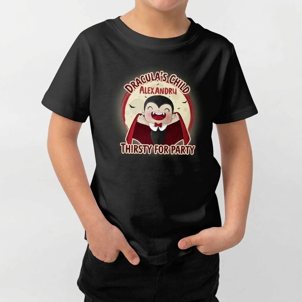 Halloween-katoenen T-shirt voor kinderen, gepersonaliseerd met tekst - Dracula-kuikentje