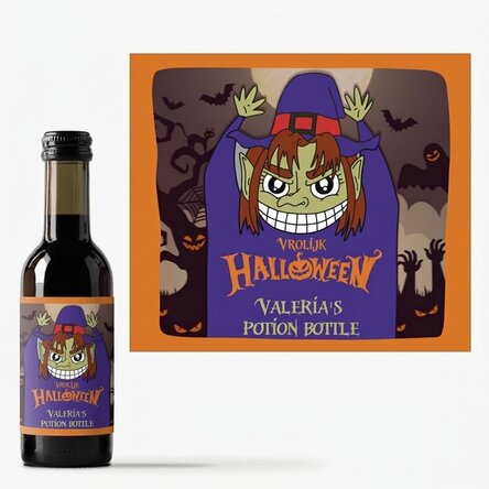 Gepersonaliseerd mini-wijnflesje met tekst - Happy Halloween Witch