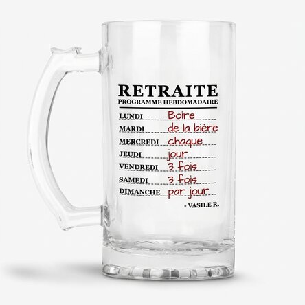 Chope à bière personnalisée avec un message pour un départ à la retraite