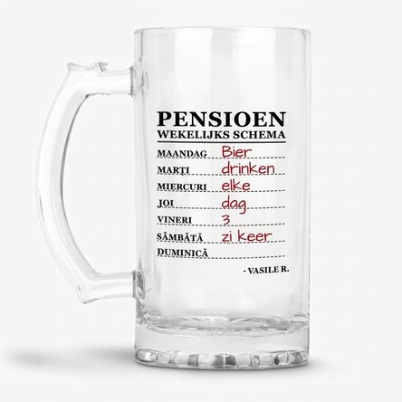 Gepersonaliseerde bierpul met tekst ter gelegenheid van het pensioen