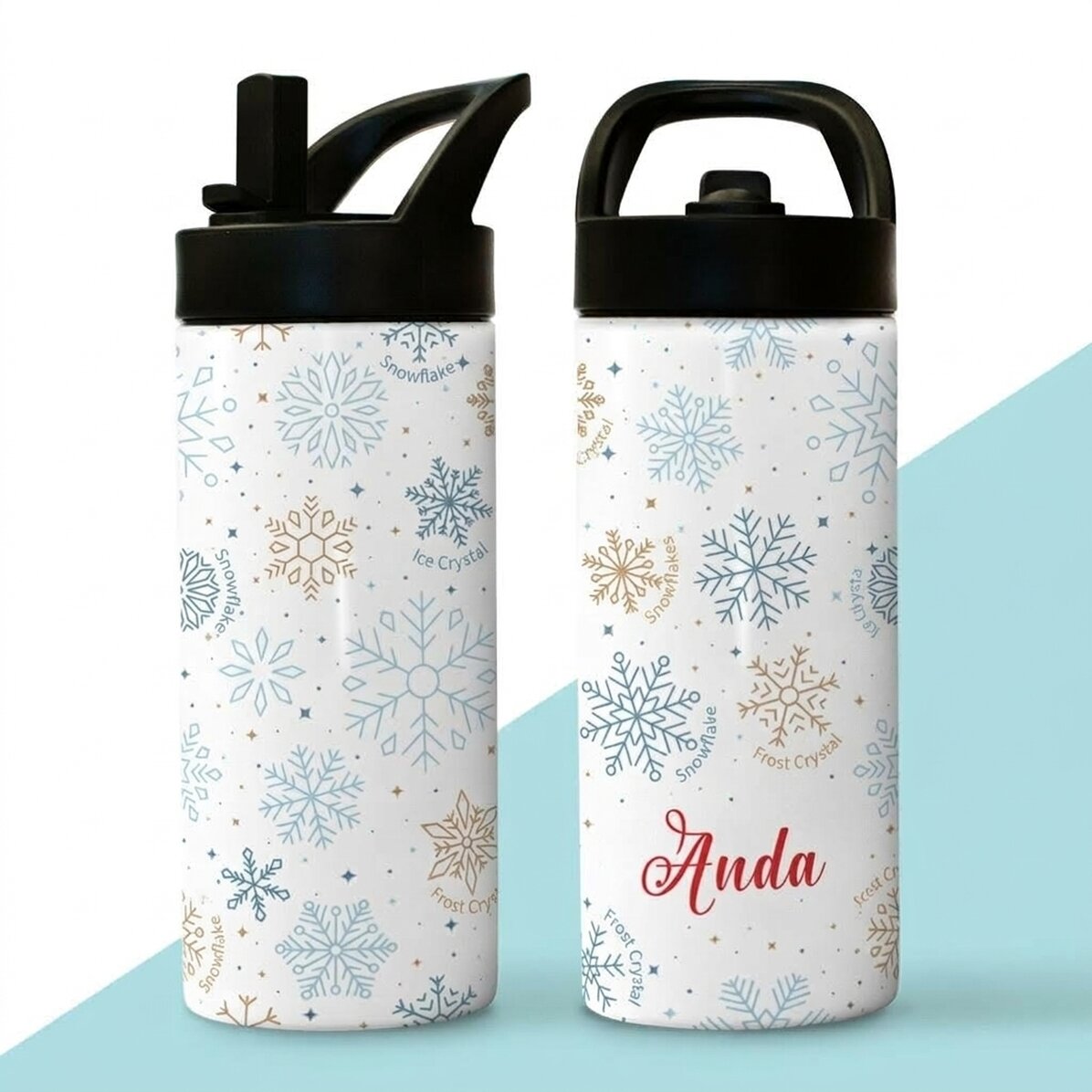 Thermos avec poignée et paille, personnalisé avec un prénom - Flocons de neige