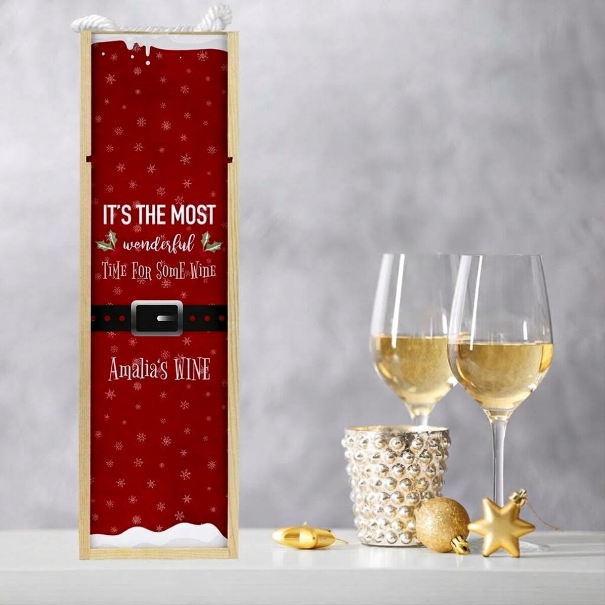 Gepersonaliseerde wijnverpakking met kersttekst - Most wonderful time