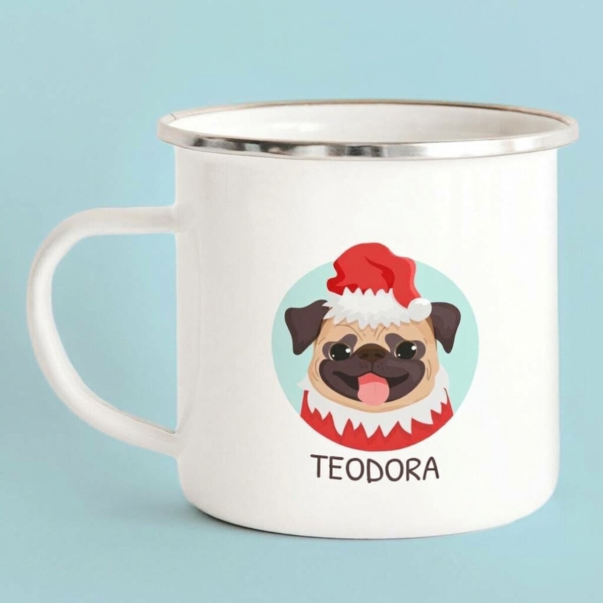 Geëmailleerde metalen mok met naam - Kerstpuppy