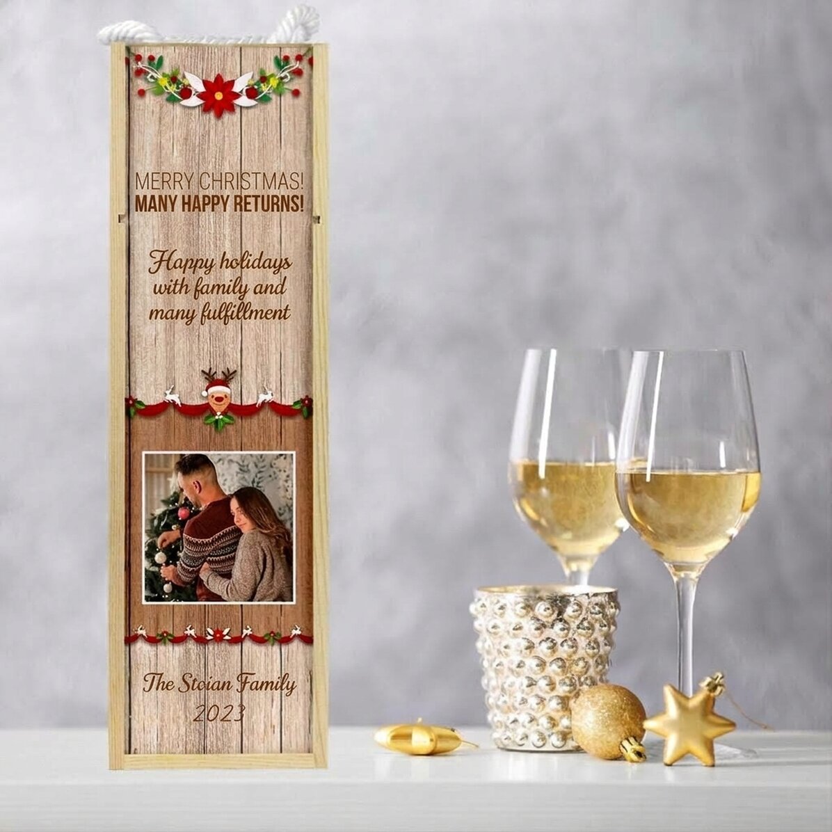 Gepersonaliseerde wijnkist met foto en tekst - Kerstmodel