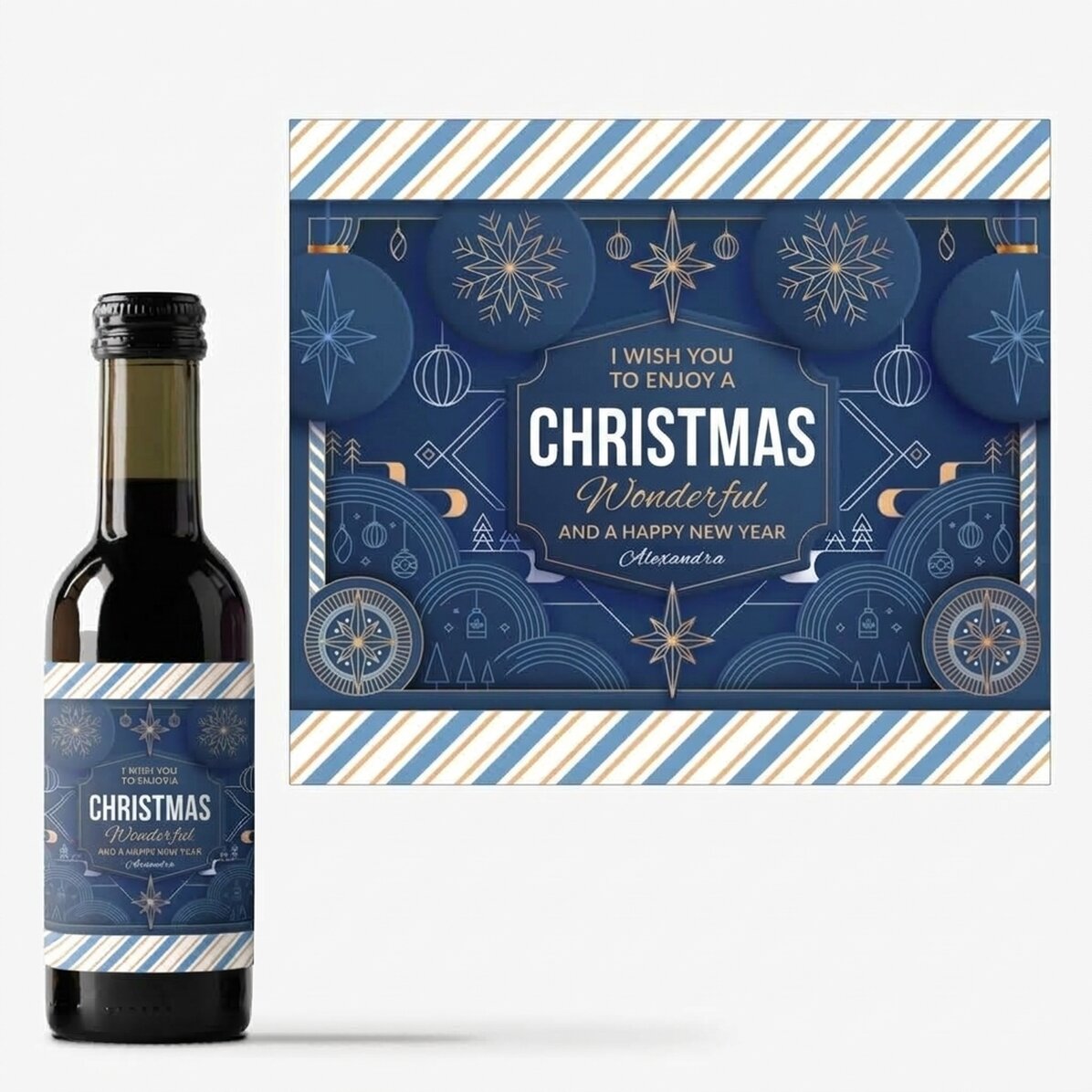 Gepersonaliseerd mini-wijnflesje met tekst - Blue Christmas