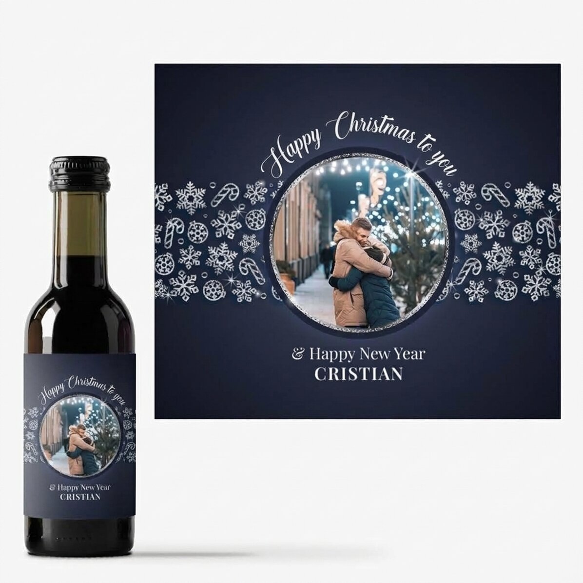 Mini-bouteille de vin personnalisée avec photo et texte - Shiny Snowflakes