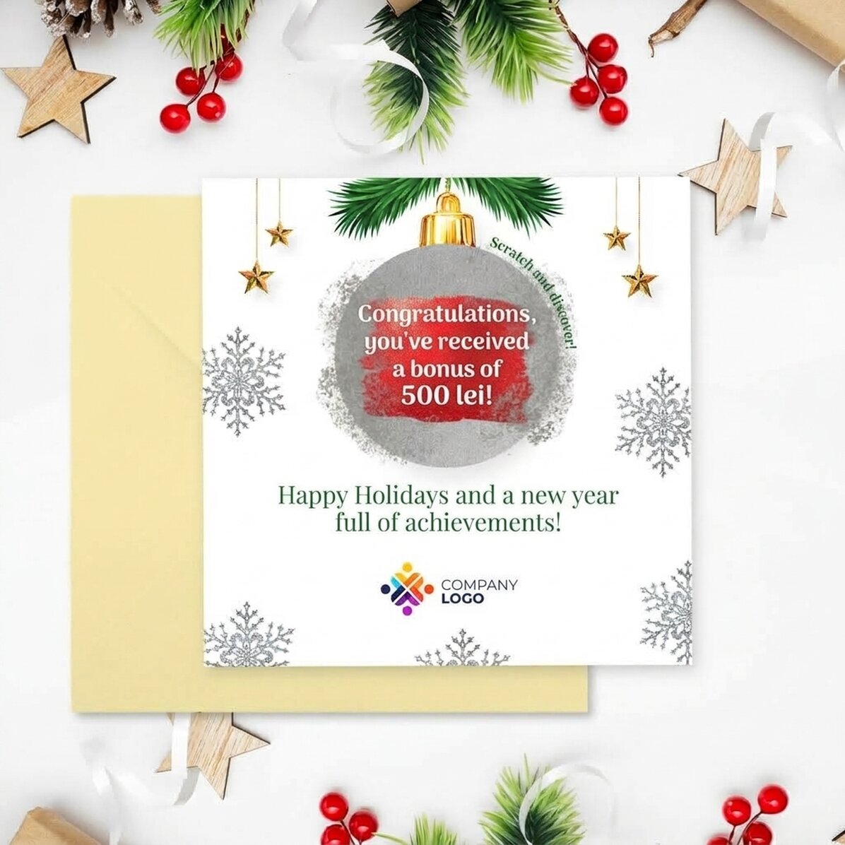 Gepersonaliseerde kraskaart met logo en boodschap - Kerstverrassing