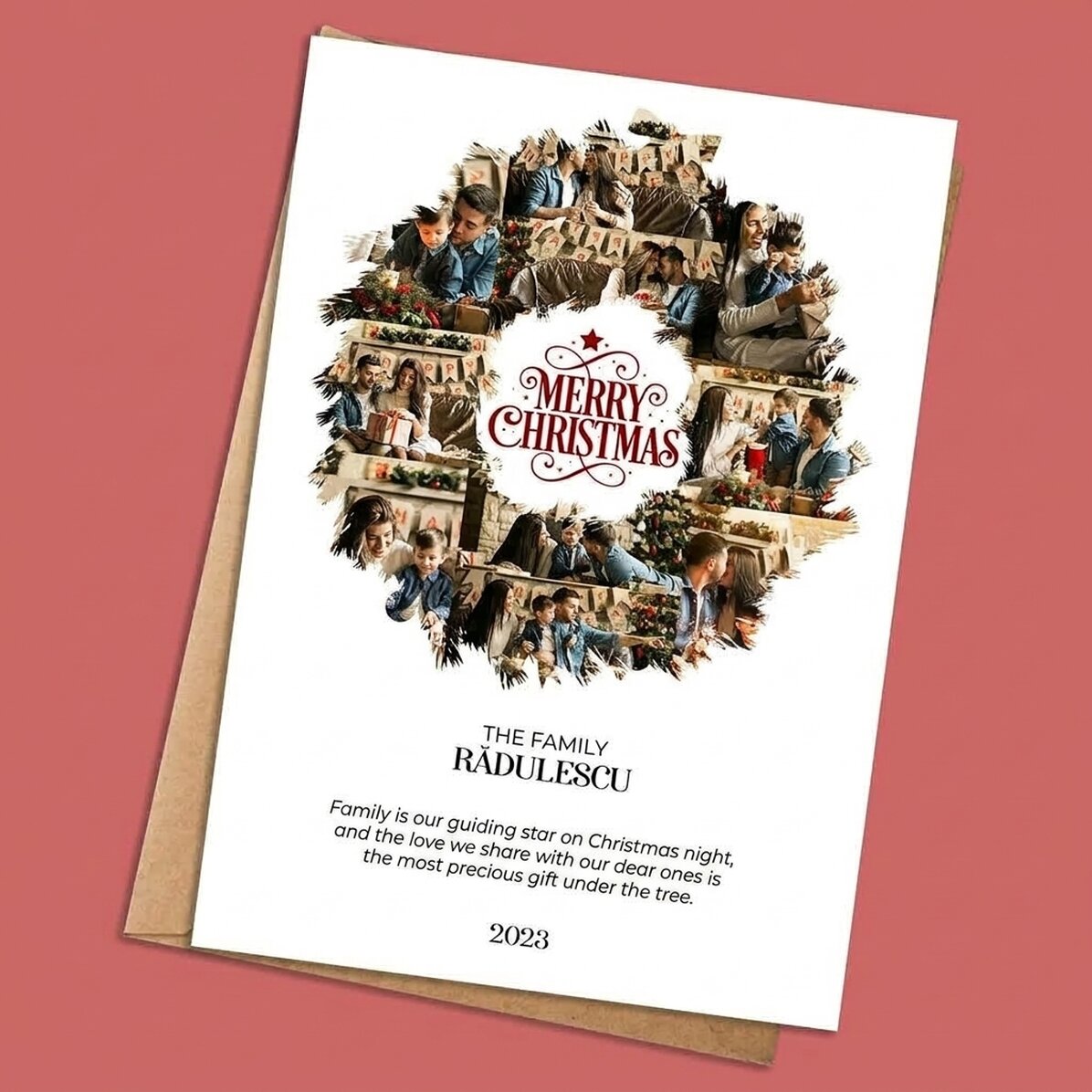 Carte personnalisée avec 10 photos et un texte - Couronne de Noël
