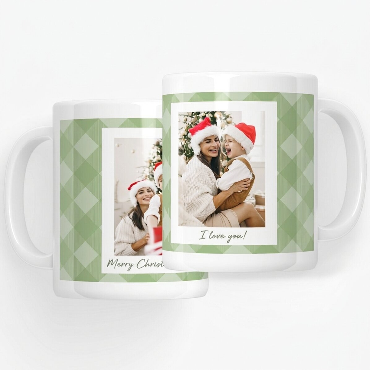 Tasse personnalisée avec deux photos et un texte - Carreaux verts