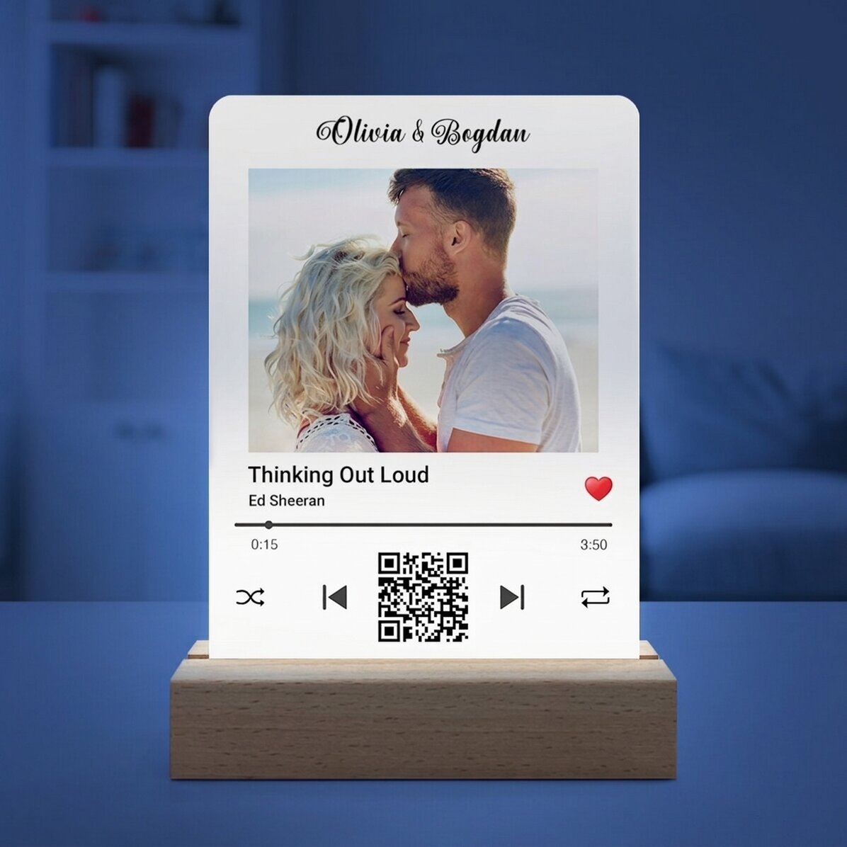 Gepersonaliseerde LED-nachtlamp met een foto en een QR-code - Ons liedje
