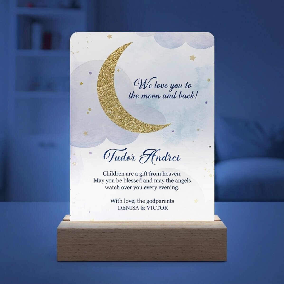 Lampe de veille LED personnalisée avec message - « To the moon and back »