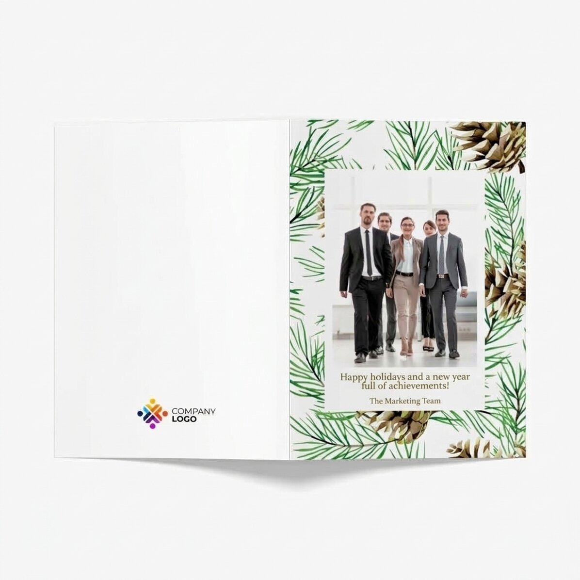 Carte de vœux personnalisée recto-verso avec texte, photo et logo - Pommes de pin