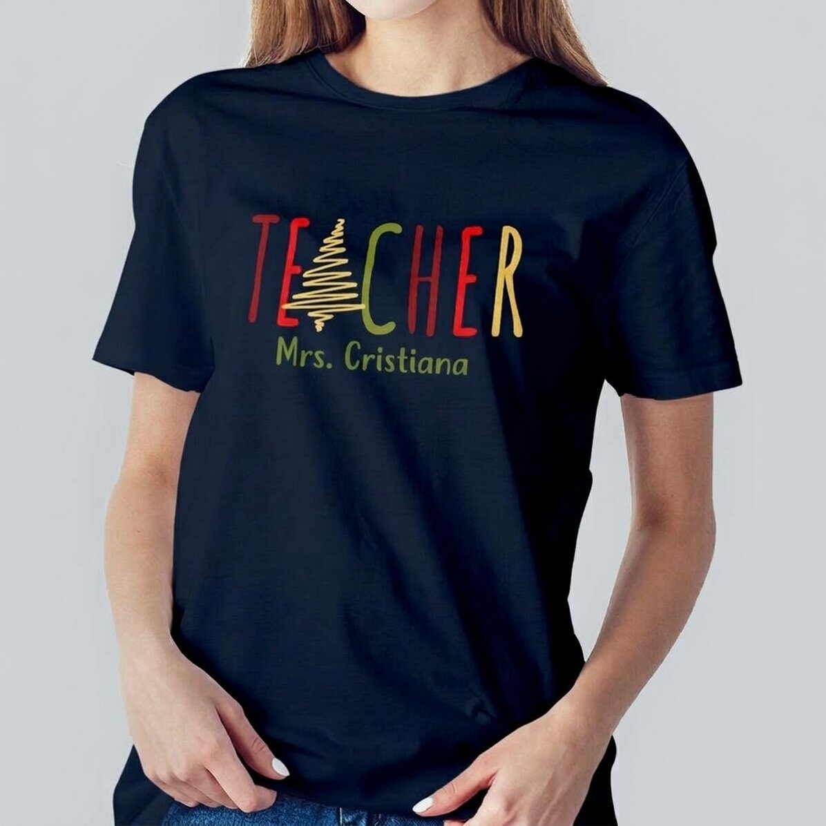 Katoenen T-shirt met naam erop - Christmas Teacher