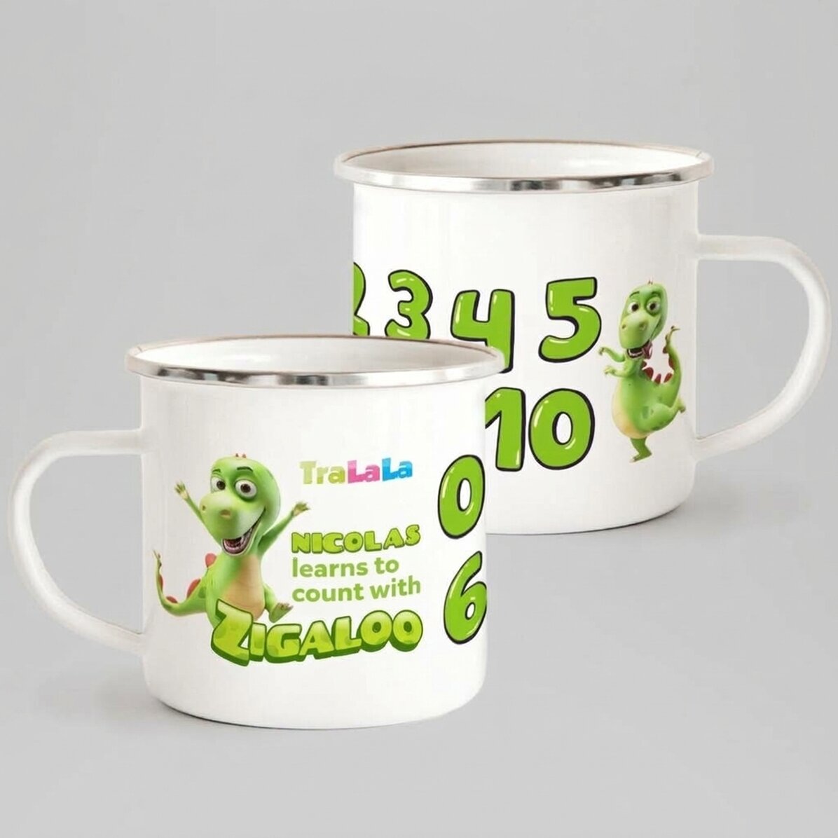 Tasse émaillée personnalisée avec un prénom - On apprend à compter avec Zigaloo