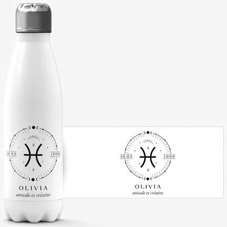 Thermos à base blanche personnalisé avec un texte et le signe du zodiaque des Poissons