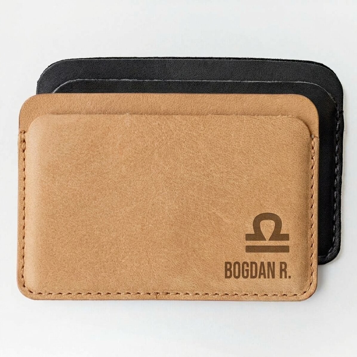 Portefeuille en cuir personnalisé avec le prénom et le signe du zodiaque Balance